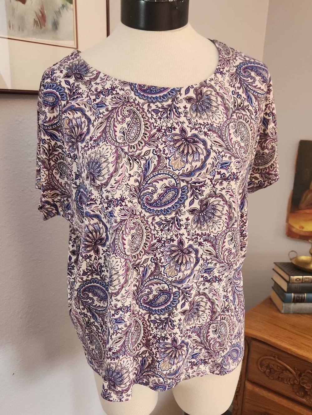 J Jill Boxy Fit Supima Cotton Luxe Purple Paisley Tee Shirt Scoop Neck Petite L